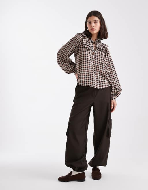 New Look check frill blouse in brown | ASOS