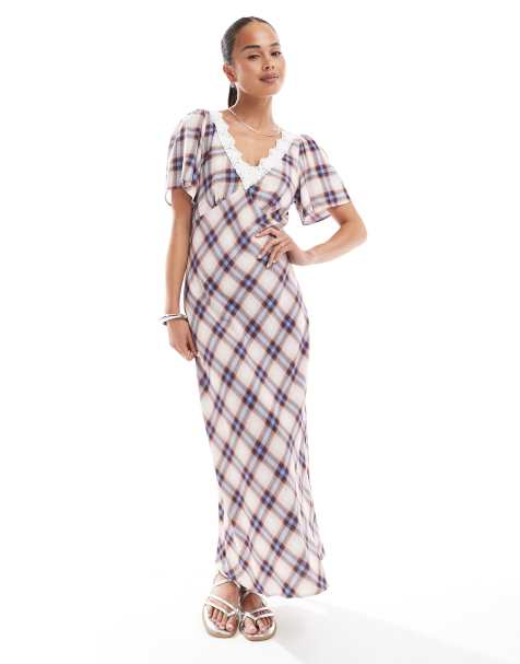 New Look check lace flutter sleeve midi dress in cream - view 1