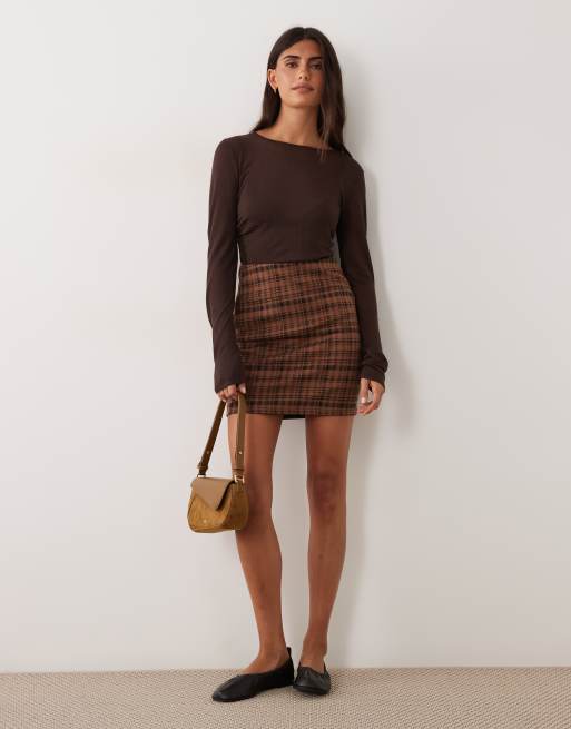New Look check lace trim mini skirt in brown, 2 of 5