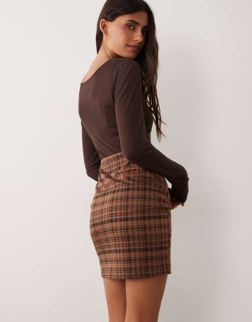 New Look check lace trim mini skirt in brown, 5 of 5