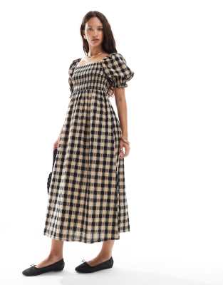 New Look check long sleeve shirred midi dress in brown | ASOS