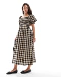 [New Look] New Look check long sleeve shirred midi dress in brown 6 29-Brown Pattern