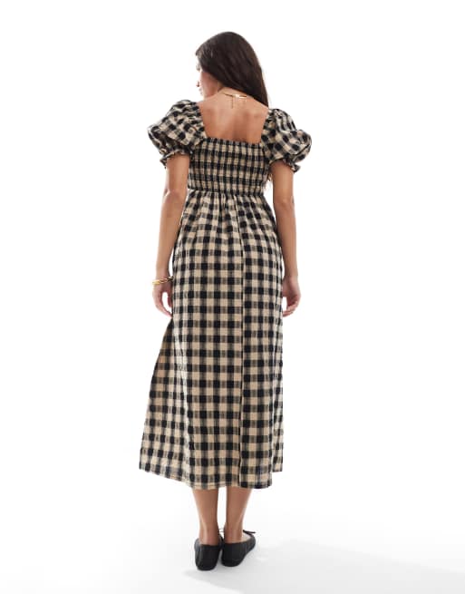 New Look check long sleeve shirred midi dress in brown, 2 of 4