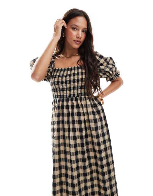 New Look check long sleeve shirred midi dress in brown, 4 of 4