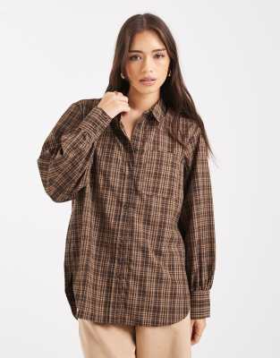 New Look New Look check long sleeve shirt in brown