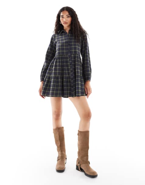 New Look check long sleeve smock mini dress in green pattern - view 1