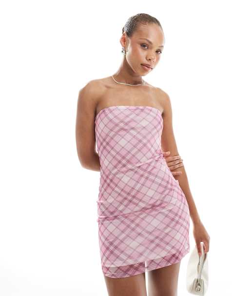 New Look check mesh bandeau mini dress in pink - view 1