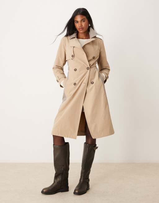 New Look check mix trench coat in stone