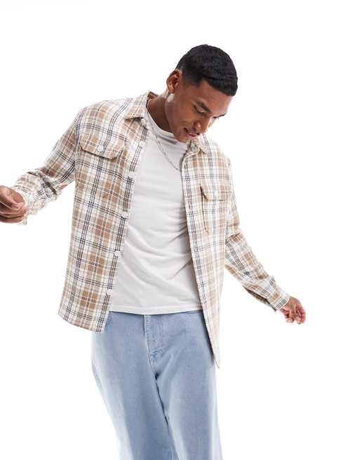 New Look check overshirt in off white