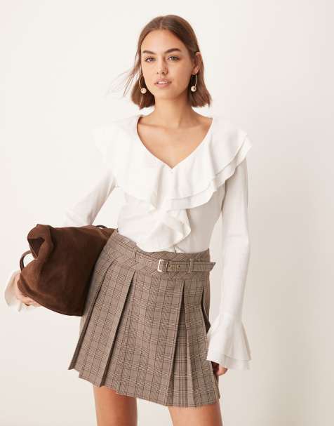 New Look check pleated mini skirt with belt in brown - view 1