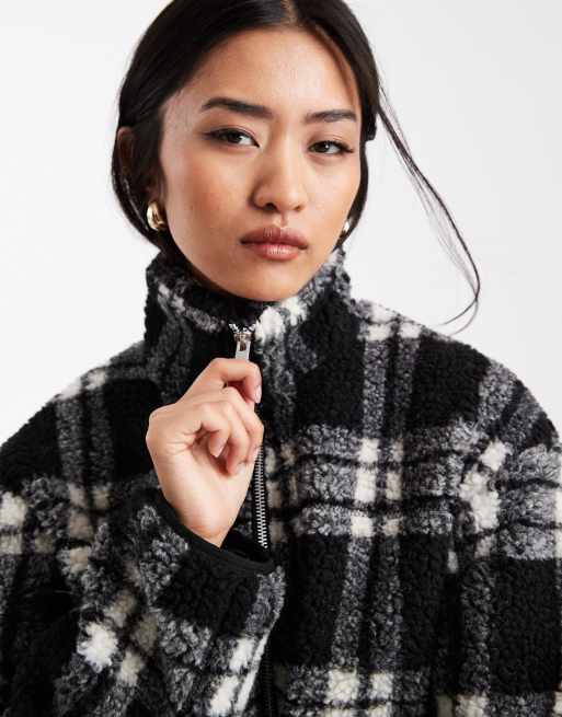 New Look check print borg jacket in cream ASOS