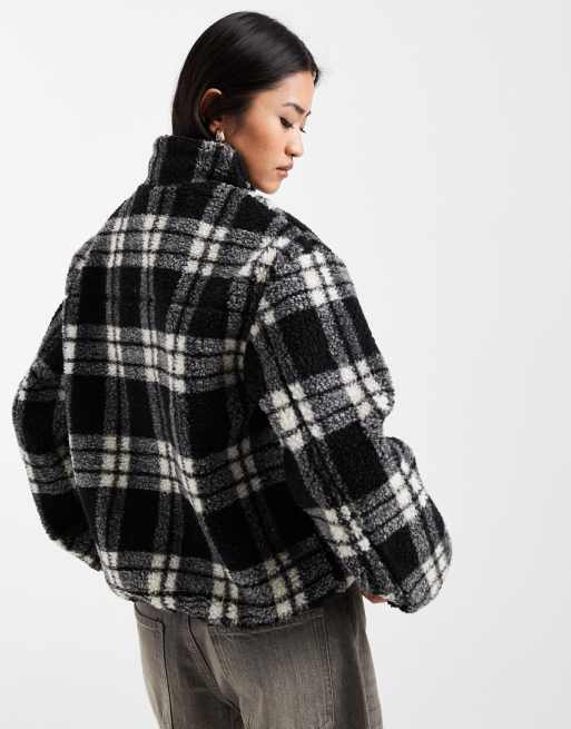 New Look check print borg jacket in cream ASOS