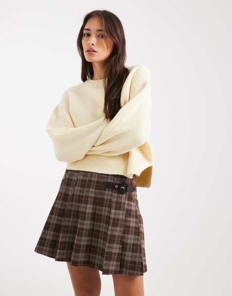 New Look check print buckle mini skirt in brown - view 1