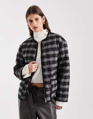 New Look check quilt padded jacket in brown ASOS