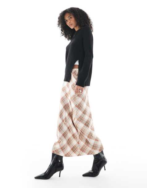 New Look check satin bias midi skirt in pink - view 1
