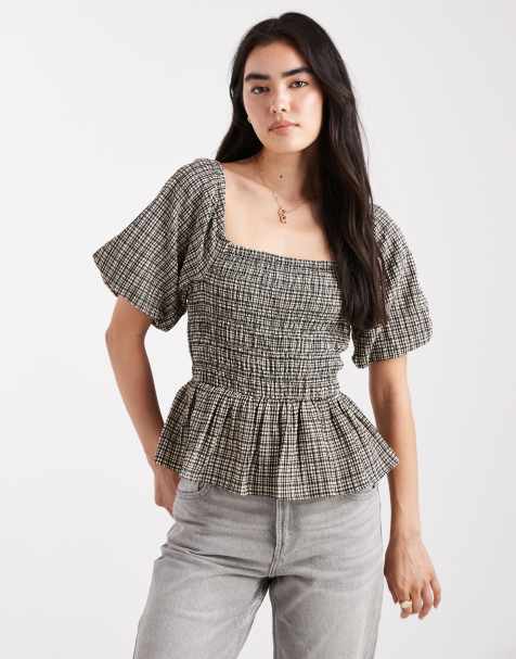 New Look check shirred milkmaid top in black - view 1