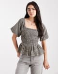 [New Look] New Look check shirred milkmaid top in black 8 09-Black Pattern