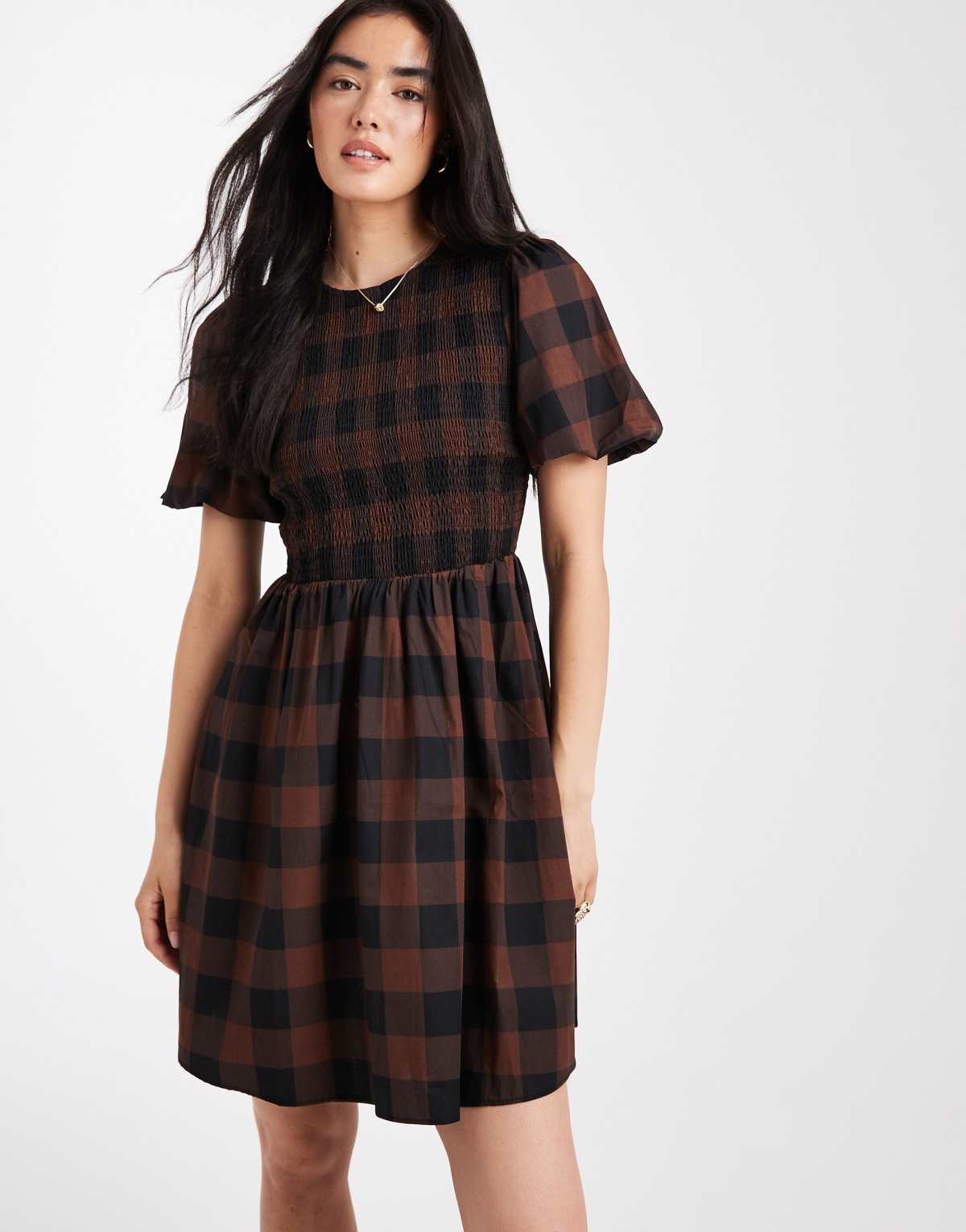 New Look check shirred mini dress in brown