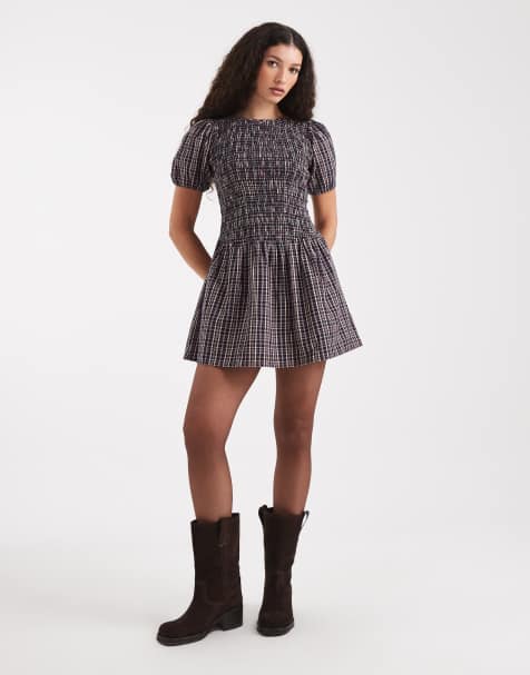 New Look check shirred mini dress in brown - view 1