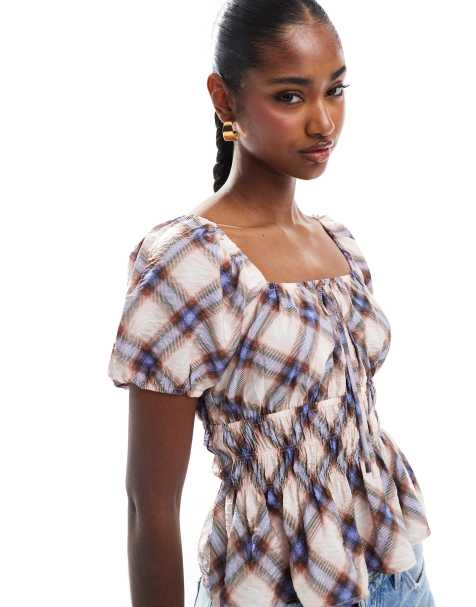 New Look check short sleeve milkmaid top in brown - view 1