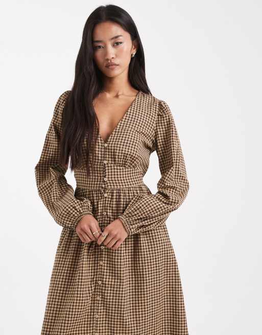 New Look check tea midi dress in yellow pattern, 2 of 4