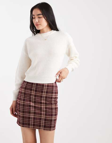 New Look check tube mini skirt in burgundy - view 1