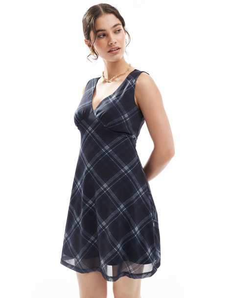 New Look check v-neck mesh mini dress in blue - view 1