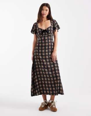 New Look New Look check velvet bow midi dress in black