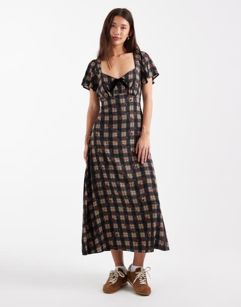 New Look check velvet bow midi dress in black - view 1