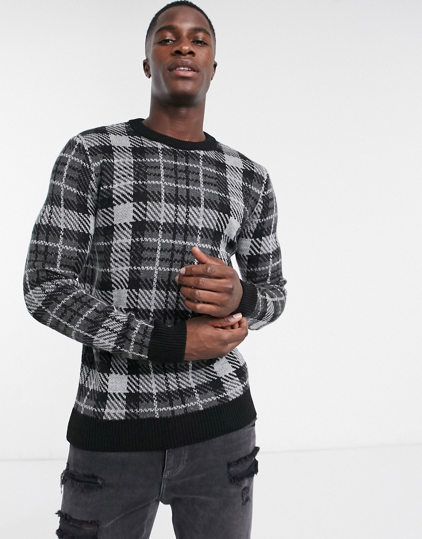 New Look checked knitted sweater in charcoal-Grey