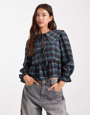 Chemise à carreaux avec col et détails noués - Marron-Brown 34