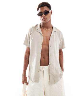 New Look - Chemise à manches courtes en lin mélangé - Taupe-Neutral