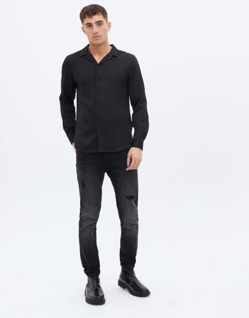 New Look - Chemise à manches longues en satin avec col à revers - Noir, 3 de 4