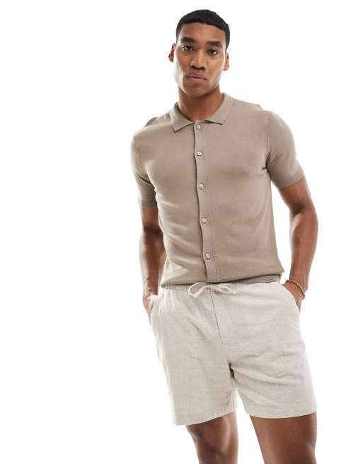 New Look - Chemise ajustée boutonnée en maille - Marron clair 