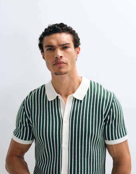 New Look - Chemise boutonnée en maille rayée - Vert - view 1