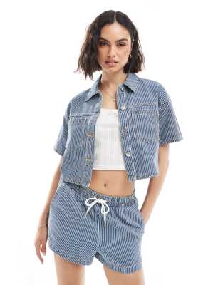 Chemise d'ensemble coupe carrée en denim rayé - Bleu-Bleu marine 46