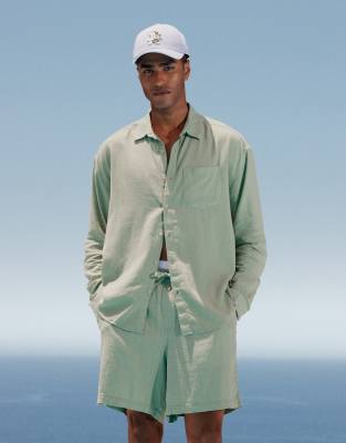 New Look - Chemise d'ensemble fluide à manches longues en lin mélangé - Vert clair