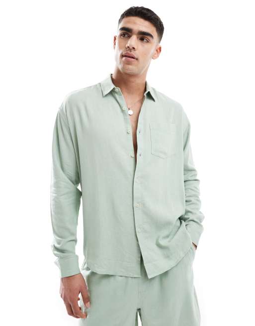 New Look - Chemise d'ensemble fluide à manches longues en lin mélangé - Vert clair