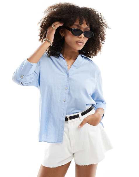 New Look - Chemise effet lin à manches longues - Bleu - view 1