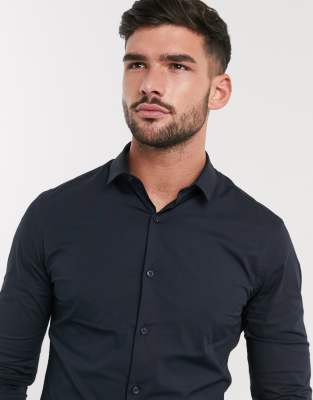 New Look - Chemise moulante manches longues en popeline - Bleu marine | ASOS