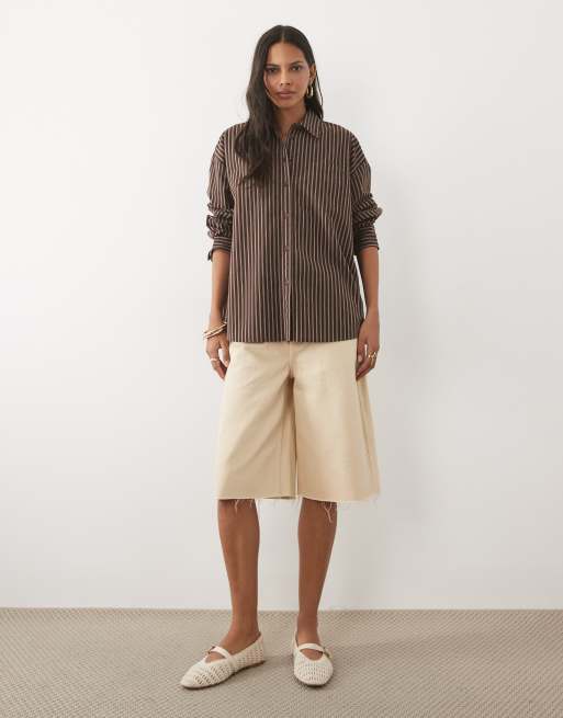 New Look chemise oversize en popeline de coton à rayures marron chocolat, 3 de 4