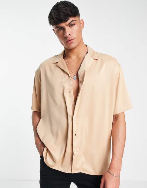 New look - Chemise oversize en satin à manches courtes - Caramel