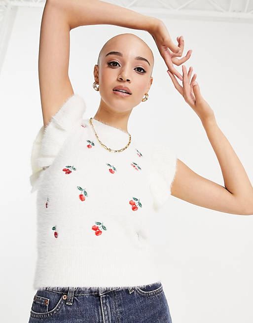 asos.com | New Look cherry embroidered fluffy knit frill vest in white