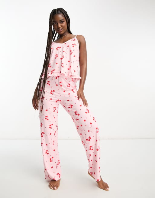 New Look cherry print cami and trouser pyjama set in pink ASOS