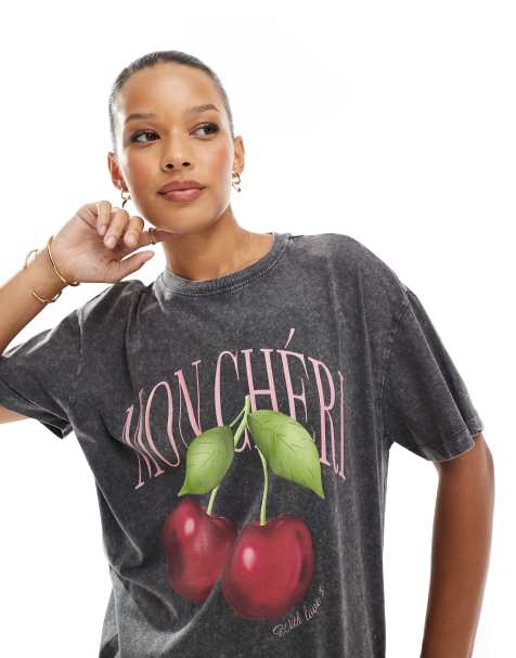 New Look cherry print oversized acid wash t-shirt in grey - view 1