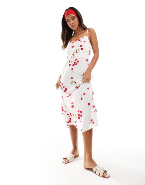 New Look cherry print tie front midi dress in white - view 1