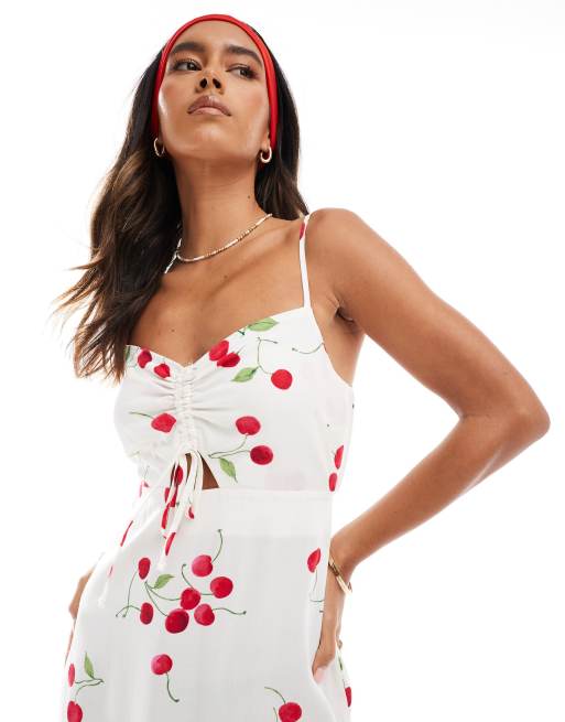 New Look cherry print tie front midi dress in white