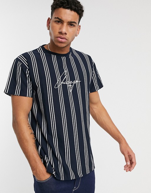 New Look Chicago embroidered vertical stripe t-shirt in navy