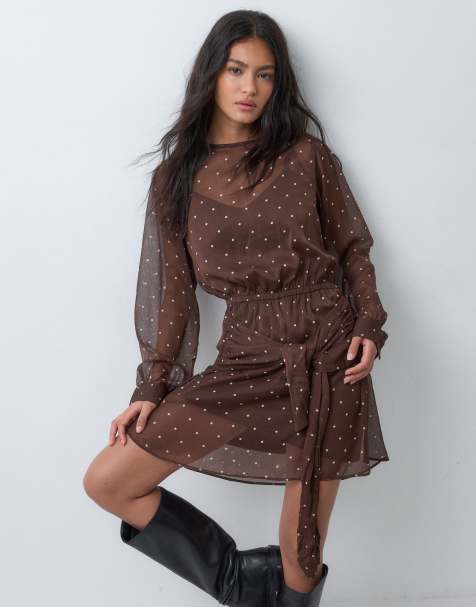 New Look chiffon belted sash detail mini dress in brown polka dot