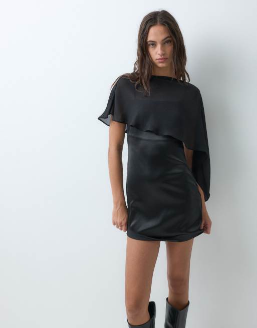 New Look chiffon cape detail satin mini dress in black, 2 of 5